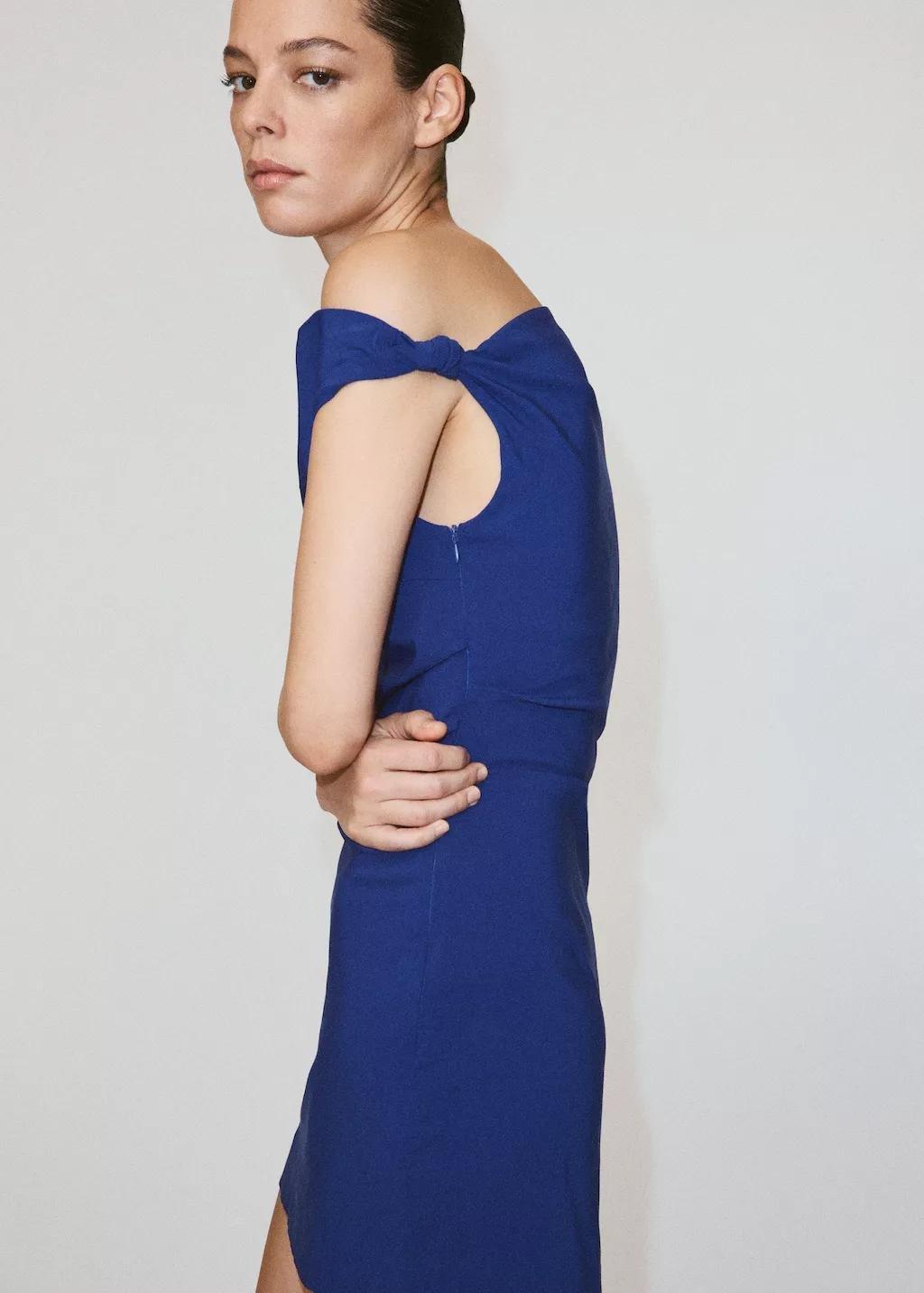 Blue Asymmetric Neckline Dress With Knot Detail, Medium Blue, large image number 3