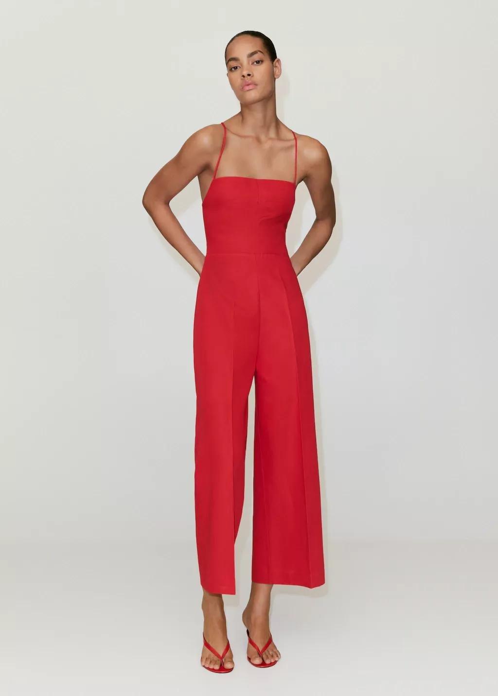 Red Cross-Back Linen Blend Playsuit, Red, large image number 0
