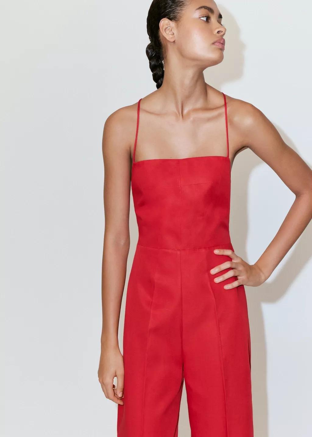 Red Cross-Back Linen Blend Playsuit, Red, large image number 3