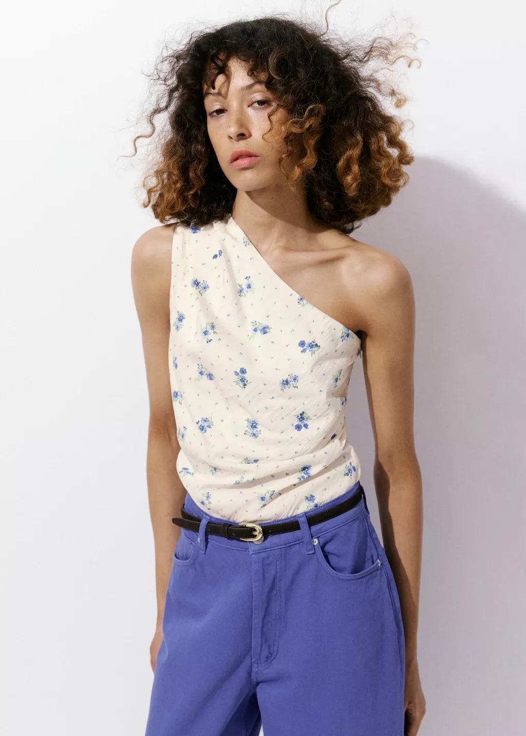 White Floral Asymmetrical Top, White, large image number 3
