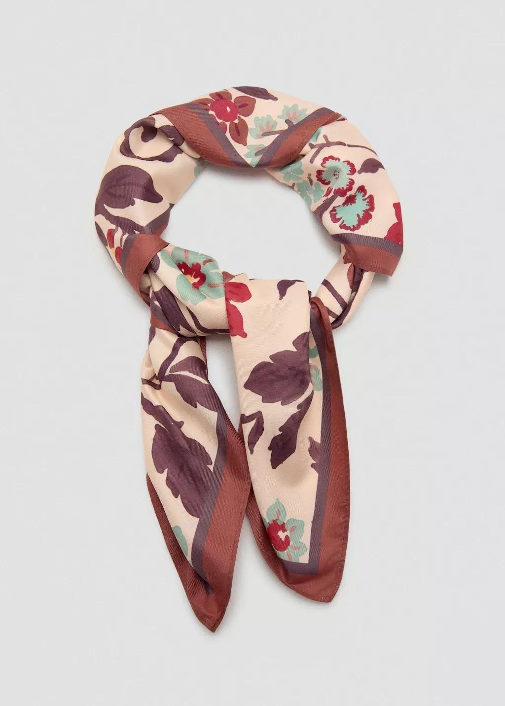 Brown Floral Print Scarf, Brown, large image number 1