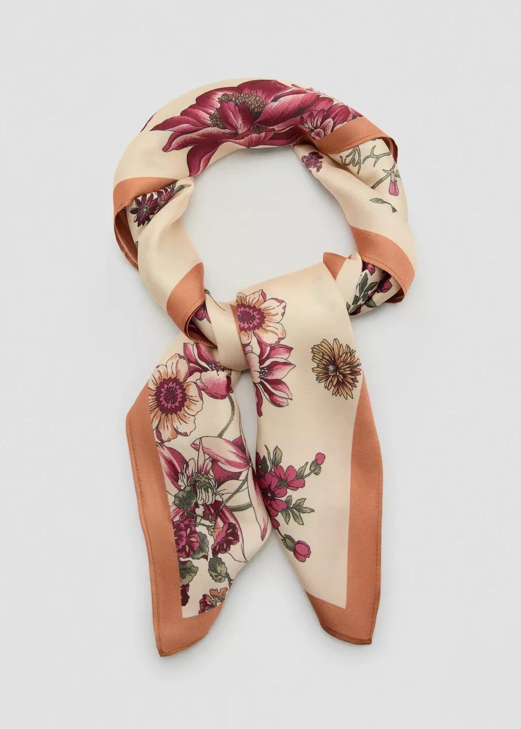 Beige Floral Print Scarf, Light Beige, medium