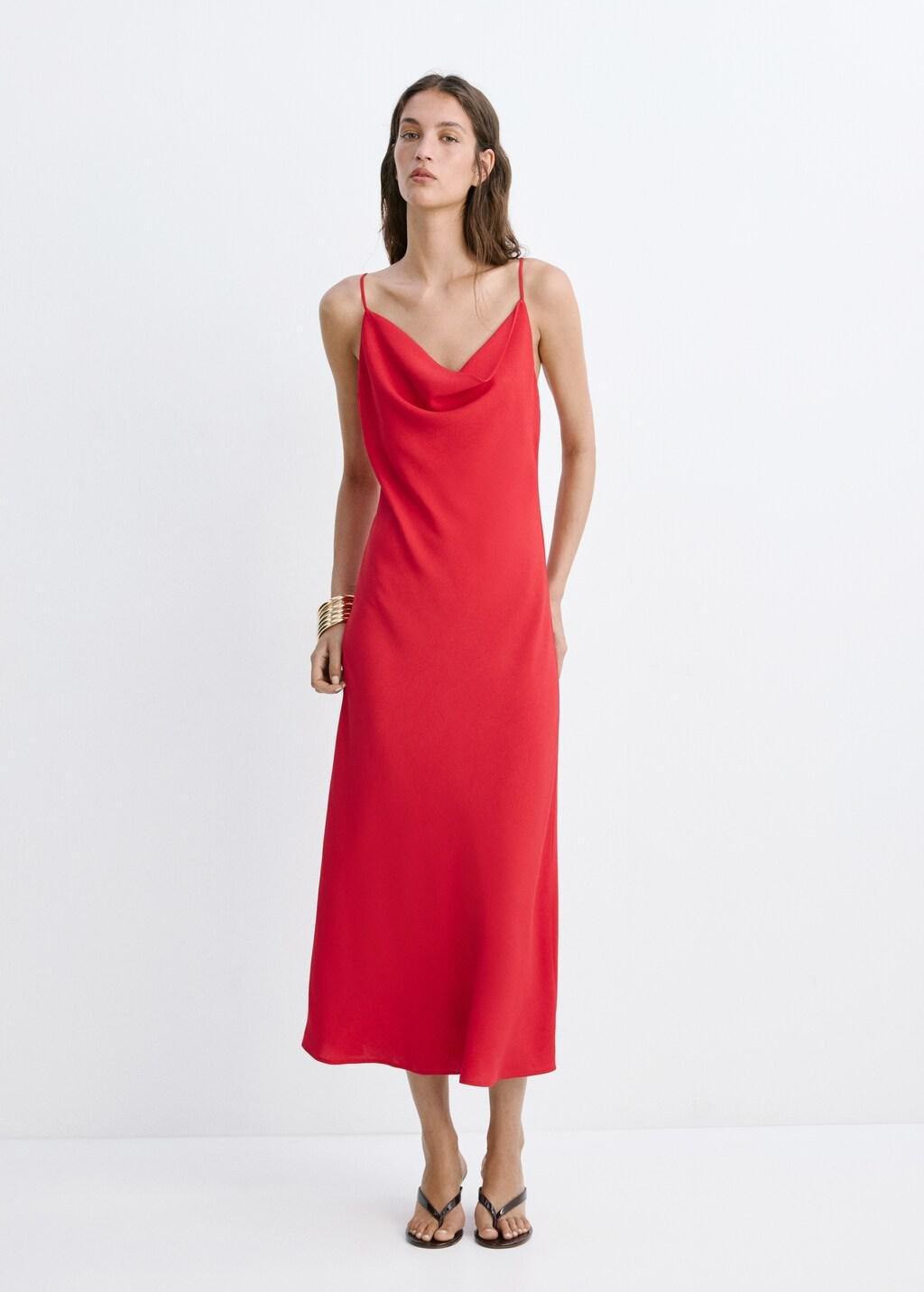 Red Draped Dress With A Crinkled Effect, Red, medium