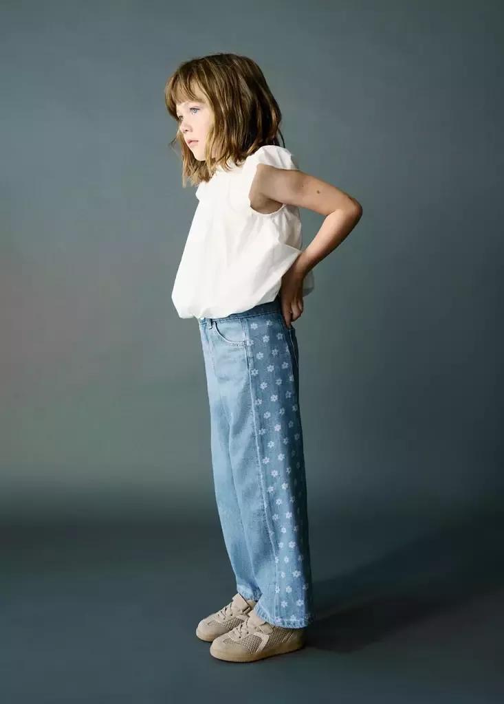 Blue Straight-Leg Jeans With Floral Pattern, Baby Girl, Open Blue, large image number 0