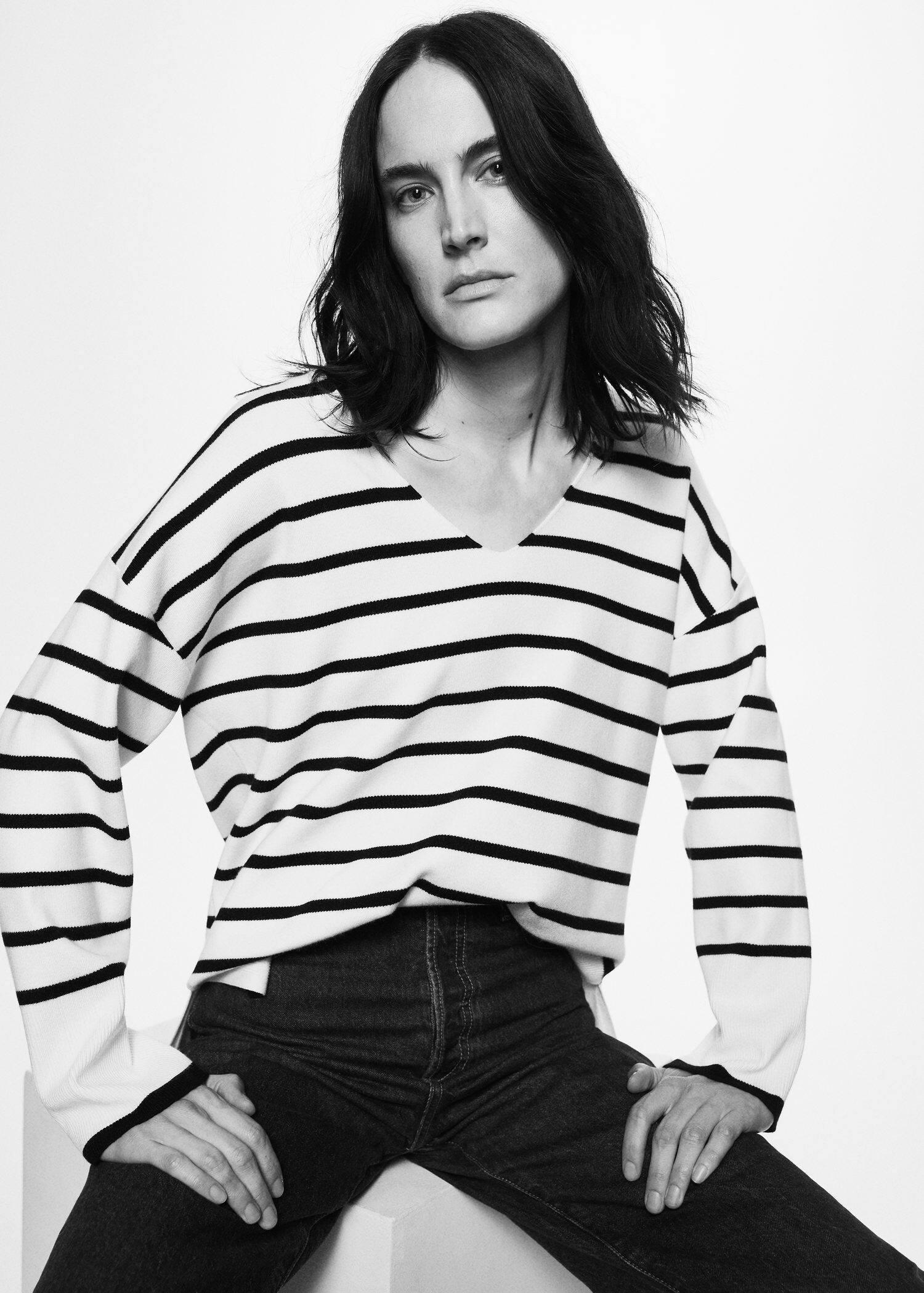 Beige Oversized Striped Sweater, , large image number 1