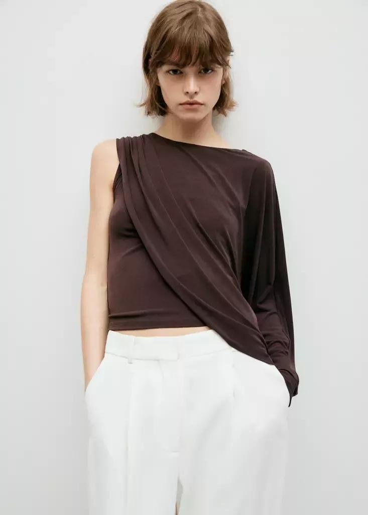Brown Ruffled Asymmetrical Blouse, Brown, medium