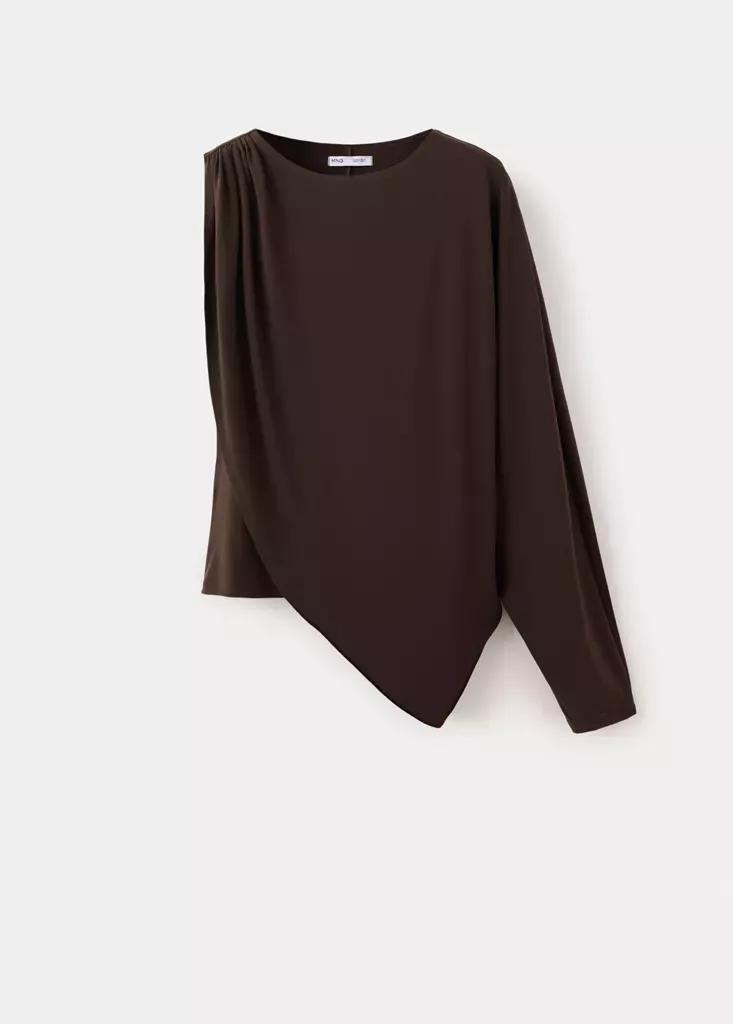 Brown Ruffled Asymmetrical Blouse, Brown, medium