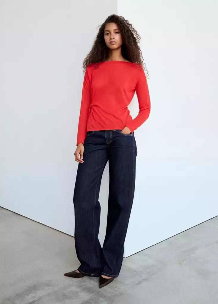 Red Fine Knit Bow Jumper, Red, medium