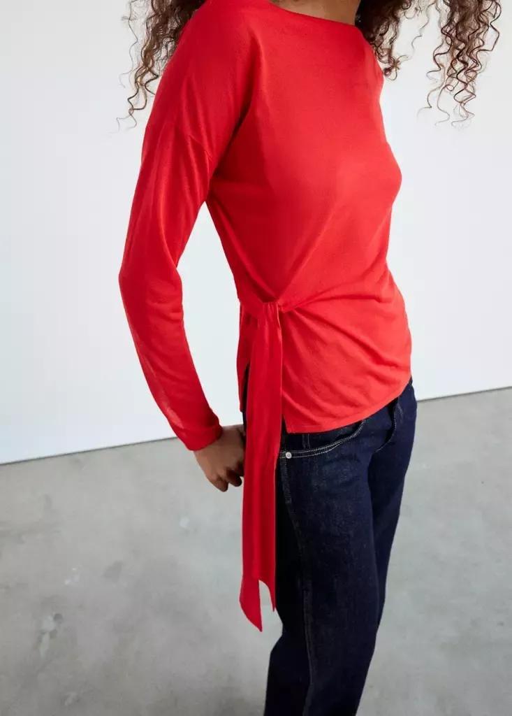 Red Fine Knit Bow Jumper, Red, large image number 1