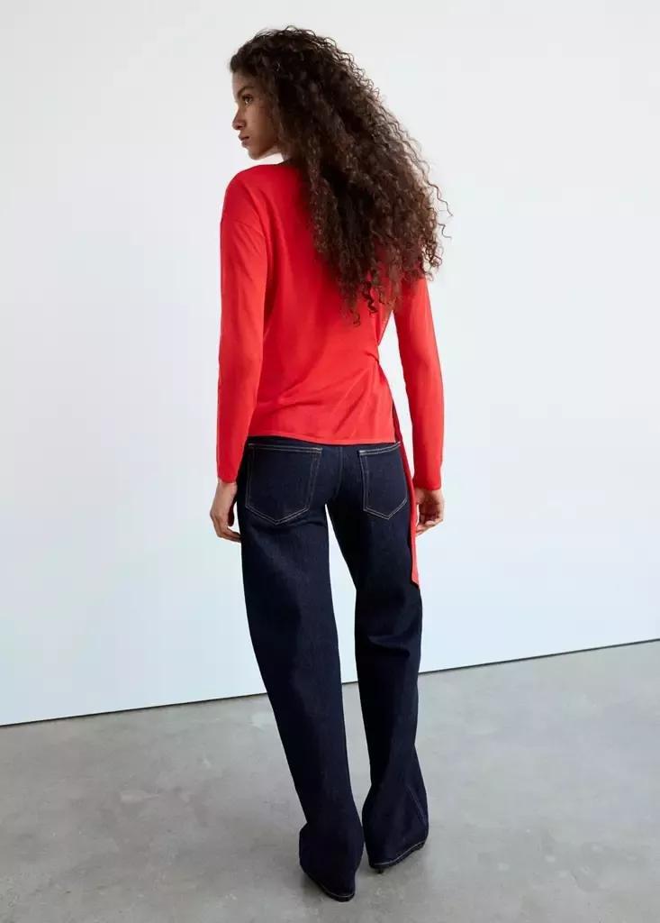 Red Fine Knit Bow Jumper, Red, medium