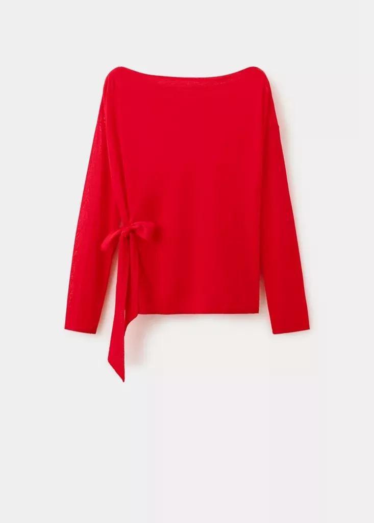 Red Fine Knit Bow Jumper, Red, large image number 4