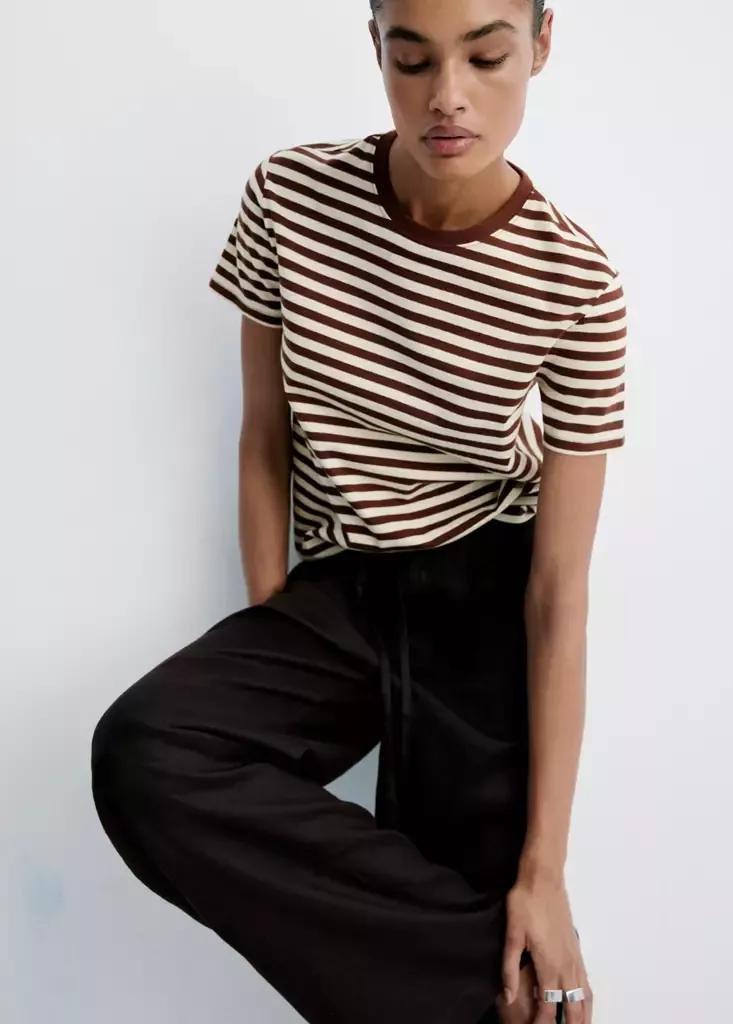 Brown Striped Cotton T-Shirt, Brown, medium