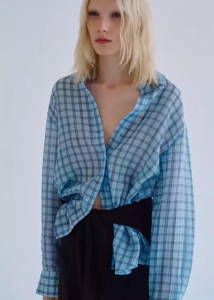 Blue Textured Checked Lyocell Shirt, Light-Pastel Blue, medium