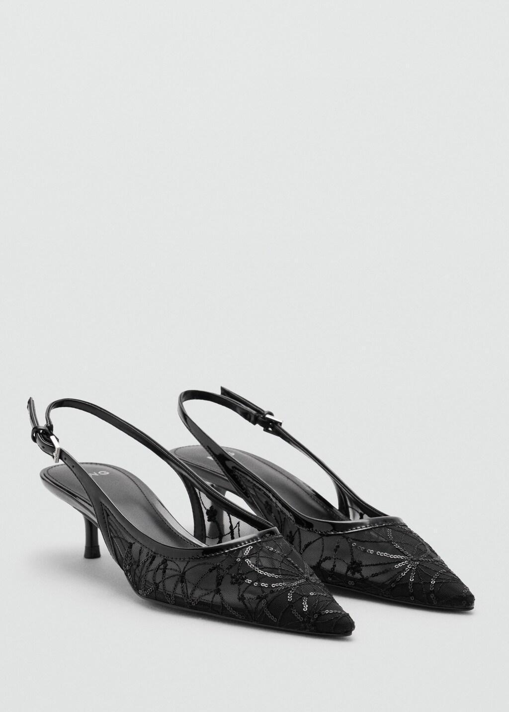 Black Kitten-Heel Shoes Embroidered With Sequins, Black, medium