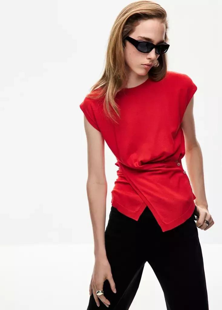 Red Draped Fine Knit Sweater, , medium