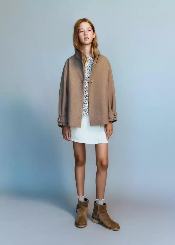 Brown Funnel Neck Wool Coat, Kids Girls, Medium Brown, medium