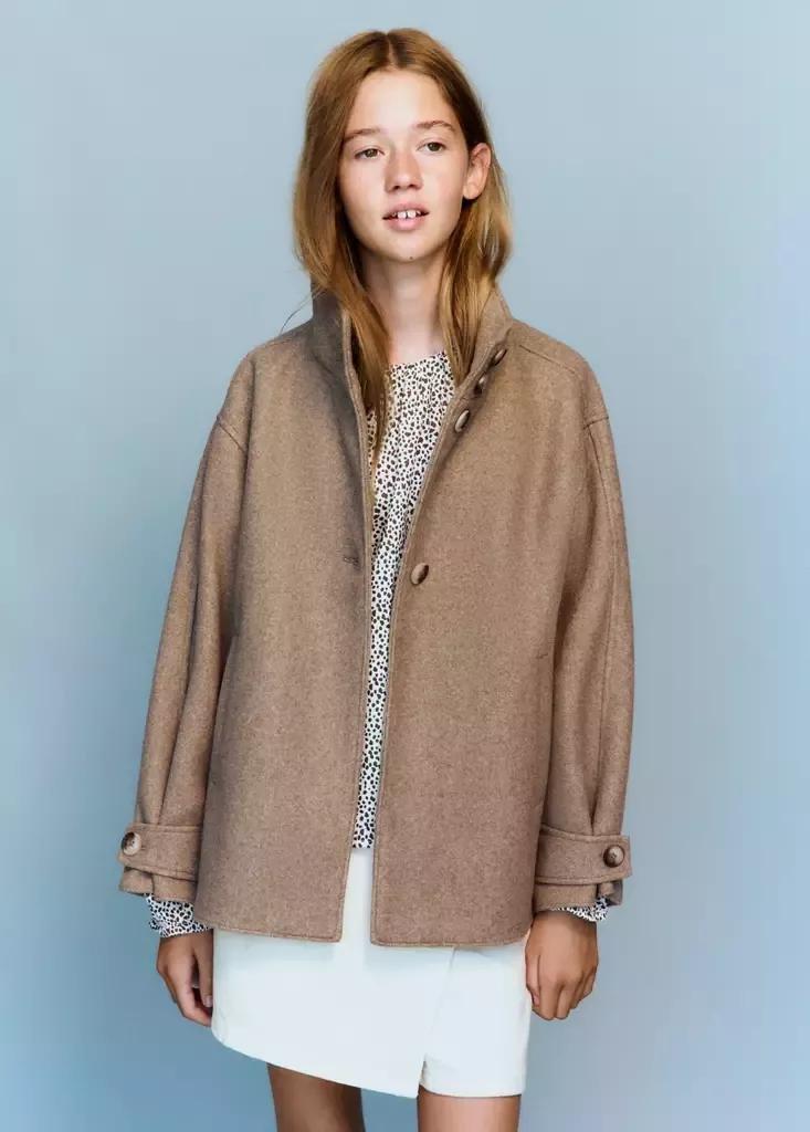 Brown Funnel Neck Wool Coat, Kids Girls, Medium Brown, medium