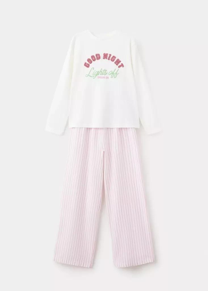 White Full Cotton Pyjama Set With Text, Kids Girl, , medium