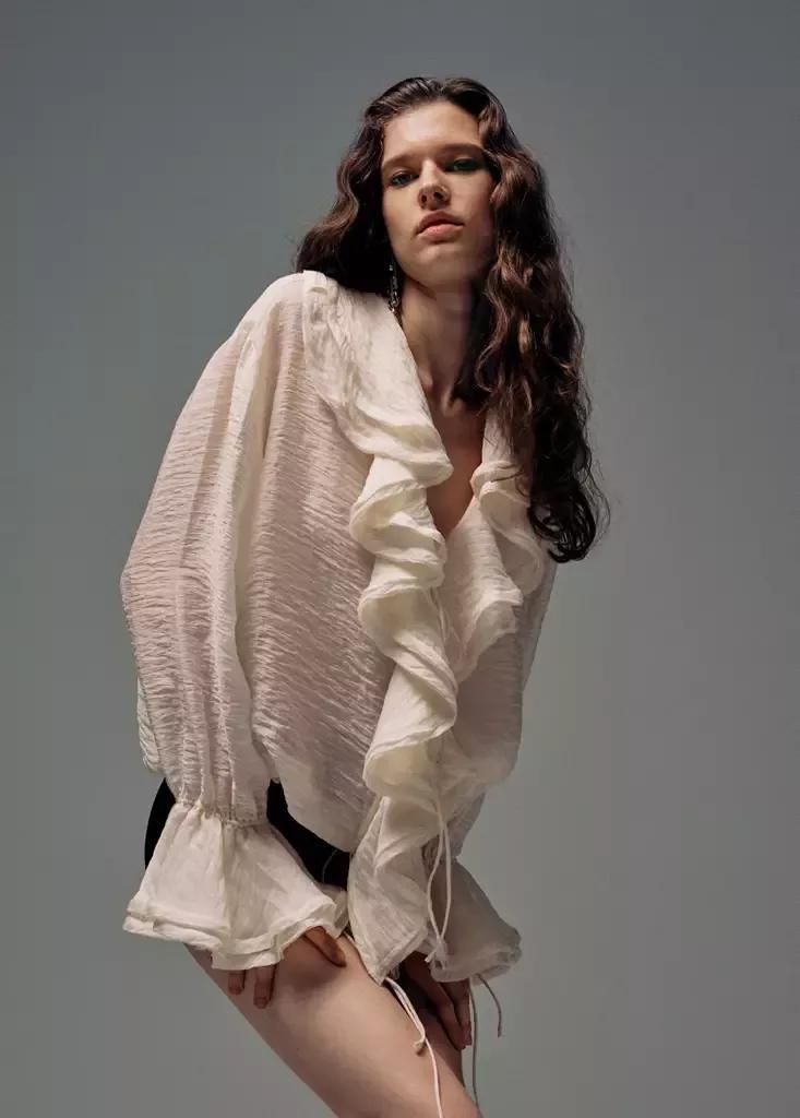 Ecru Ruffled Lyocell Blouse, , medium