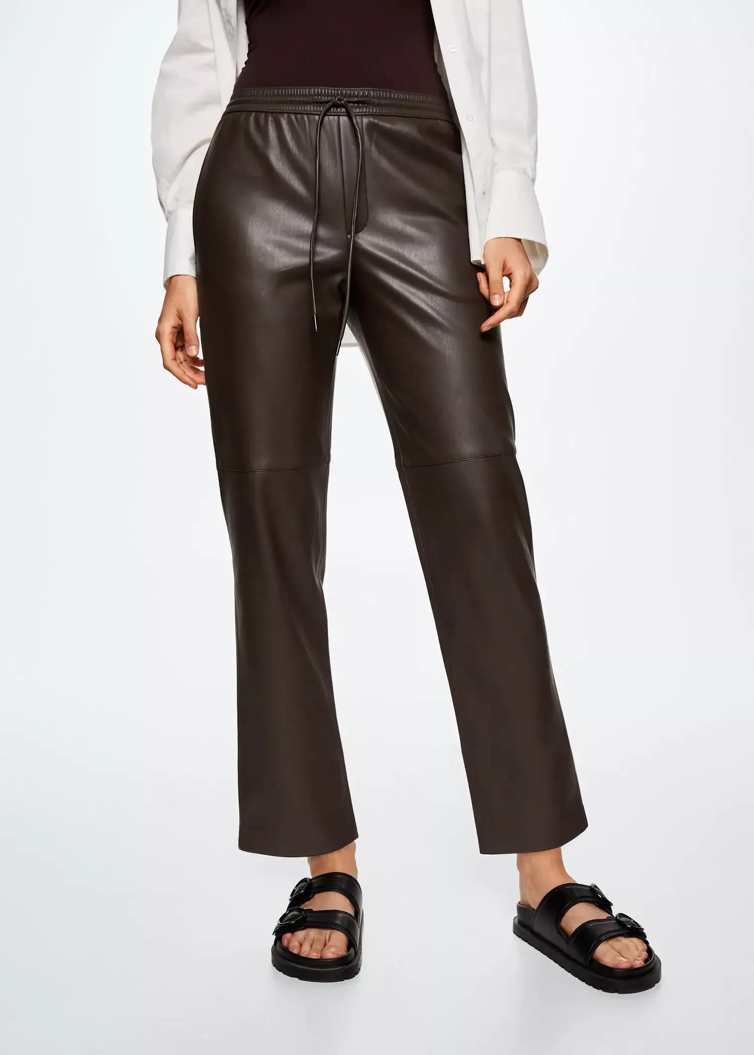 medium brown Leather-effect elastic waist trousers, , large image number 0
