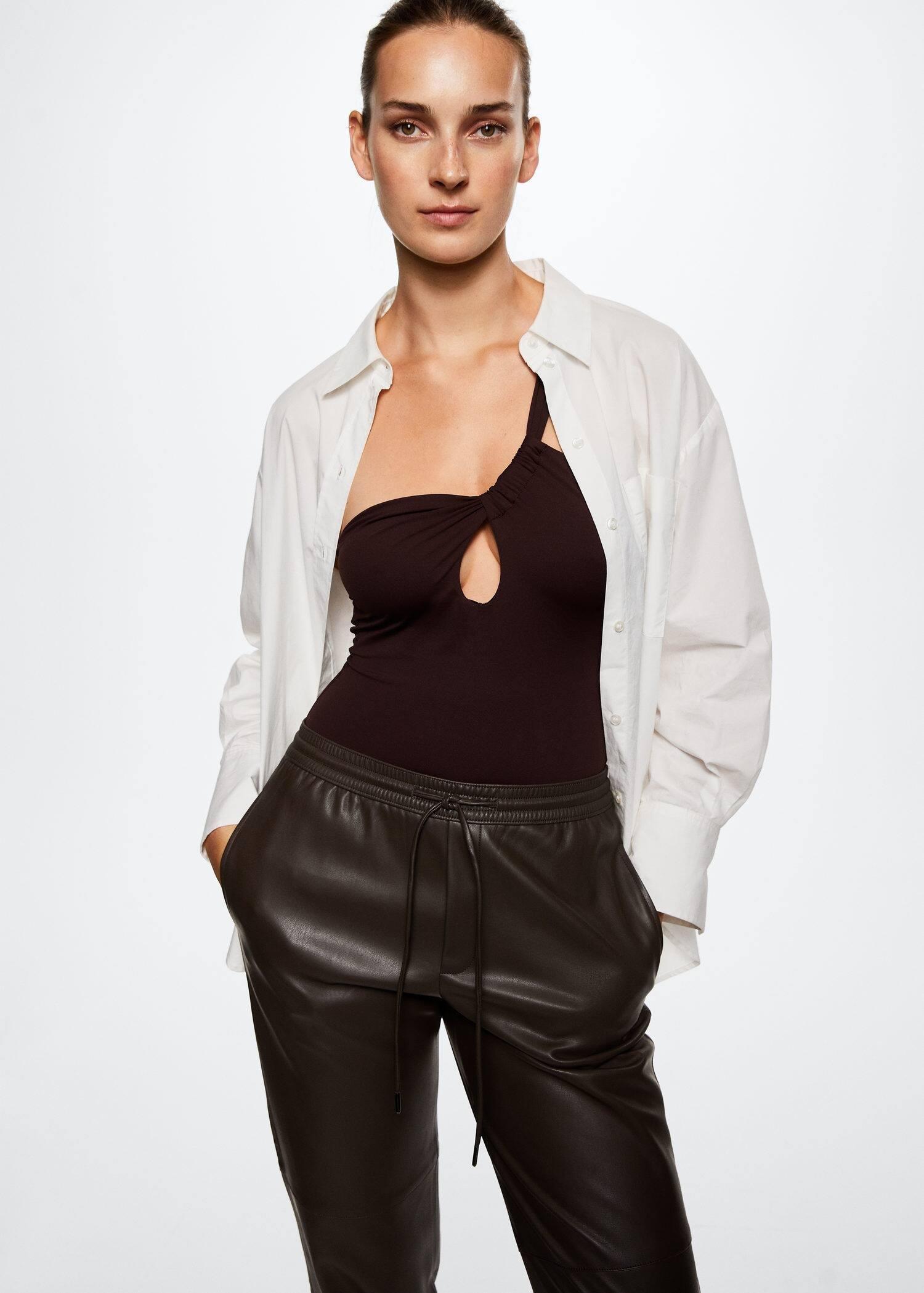 medium brown Leather-effect elastic waist trousers, , large image number 2