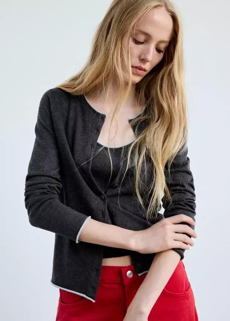Grey Contrast Trim Cardigan, Grey, large image number 1
