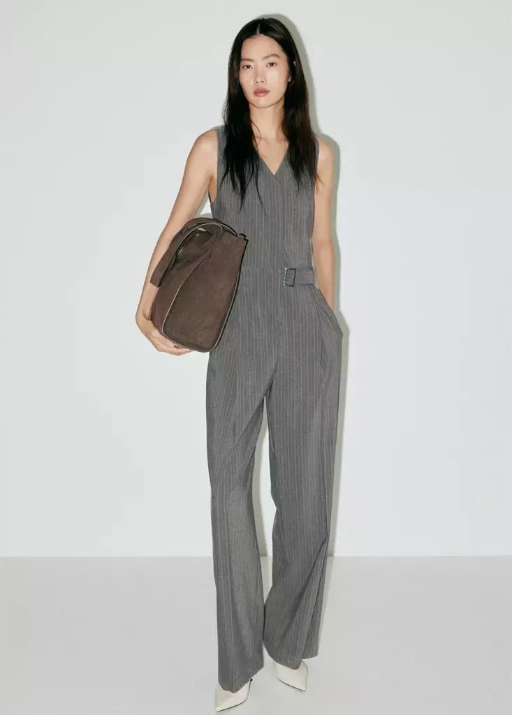 Grey Pinstripe Jumpsuit With Belt, Grey, medium