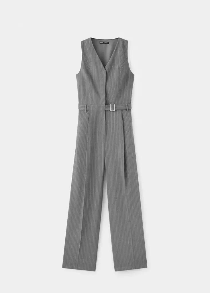 Grey Pinstripe Jumpsuit With Belt, Grey, large image number 4