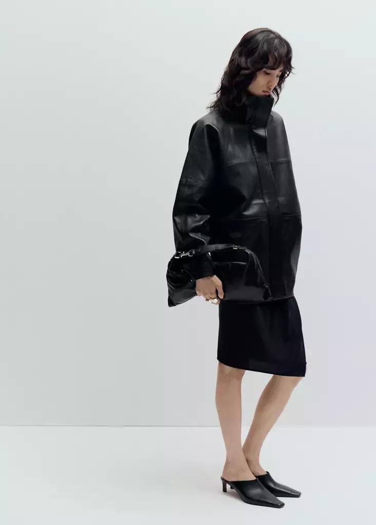Black Leather Effect Jacket With Collar, Black, large image number 0