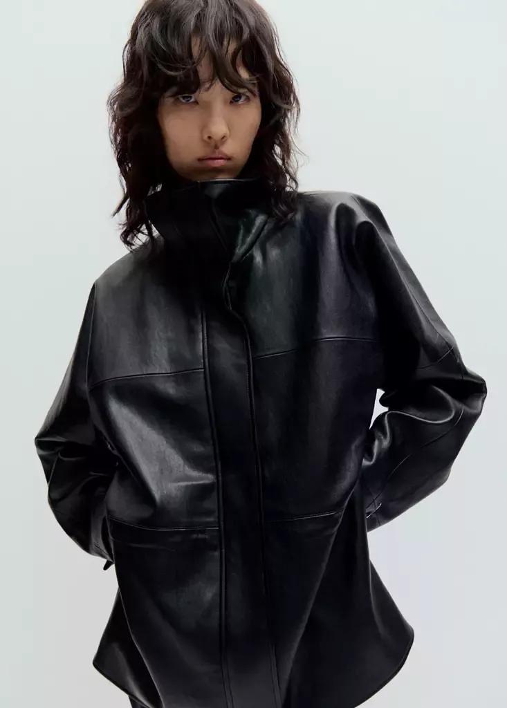 Black Leather Effect Jacket With Collar, Black, medium