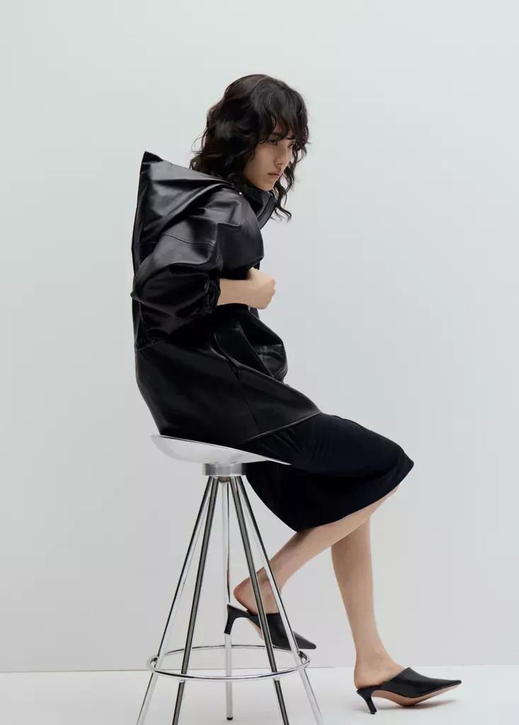 Black Leather Effect Jacket With Collar, Black, large image number 3
