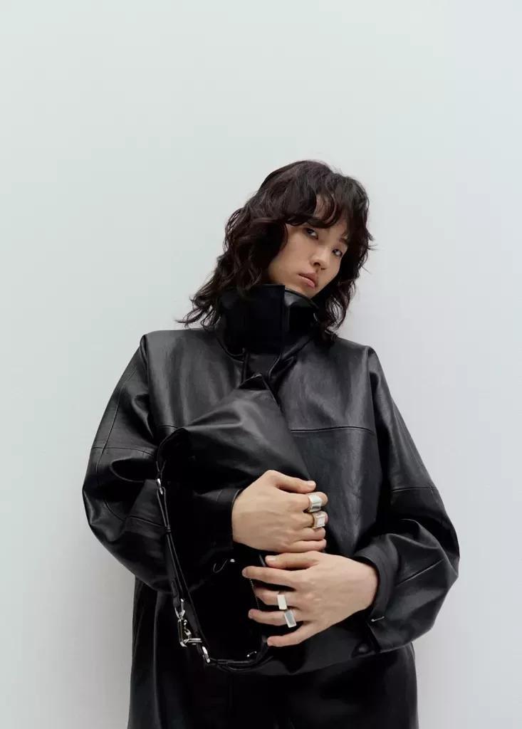 Black Leather Effect Jacket With Collar, Black, large image number 4