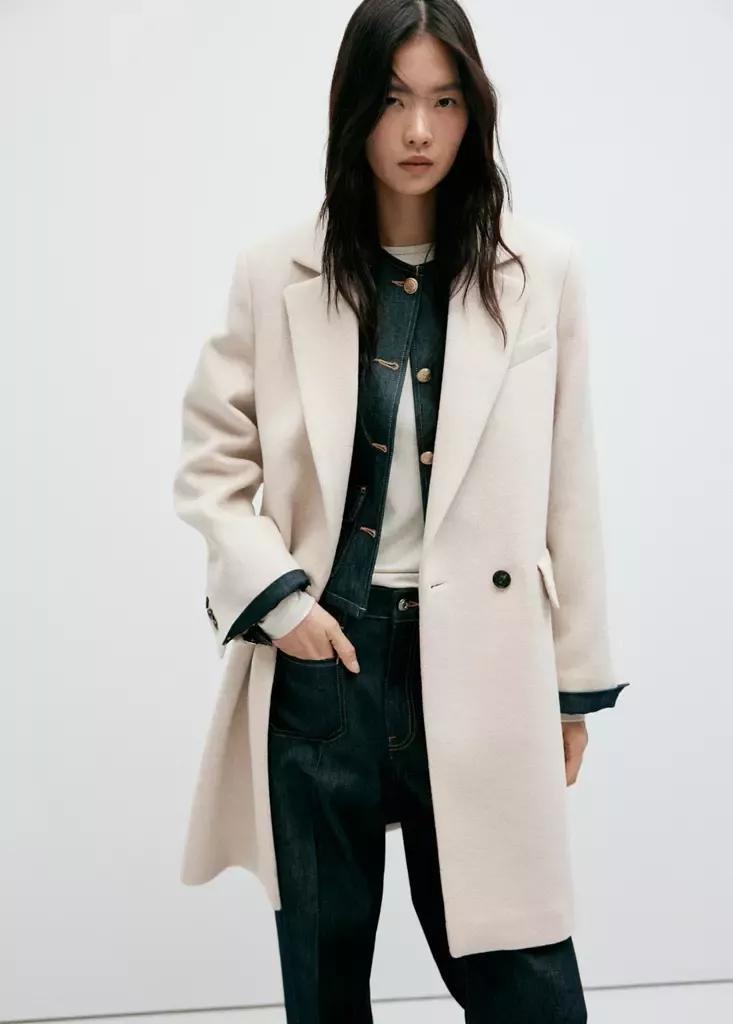 Grey Double-Breasted Wool Coat, Light Pastel Grey, large image number 1
