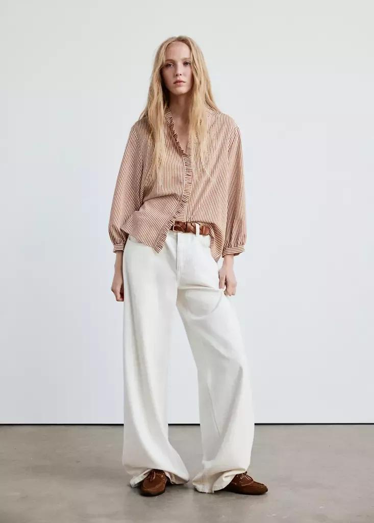 Brown Striped Blouse With Frill Detail, , large image number 0