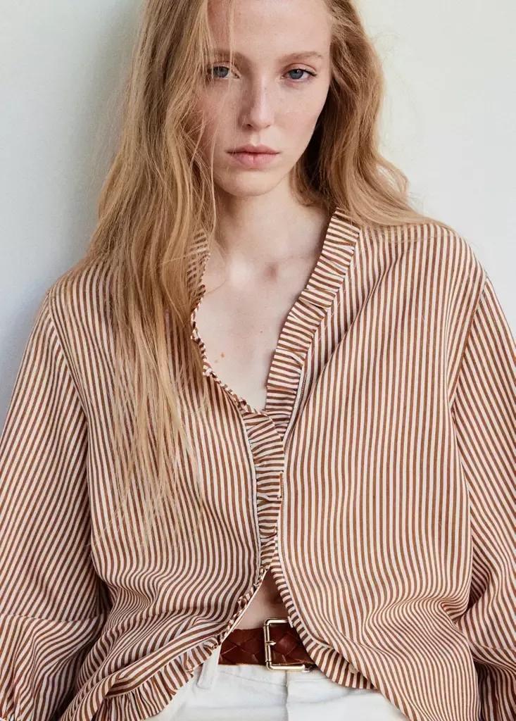 Brown Striped Blouse With Frill Detail, , large image number 3