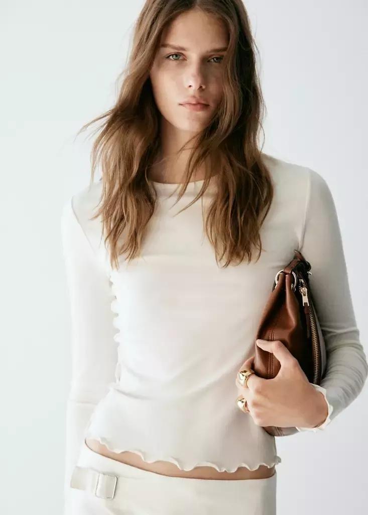 Cream Ribbed T-Shirt With Scalloped Trim, Natural White, medium