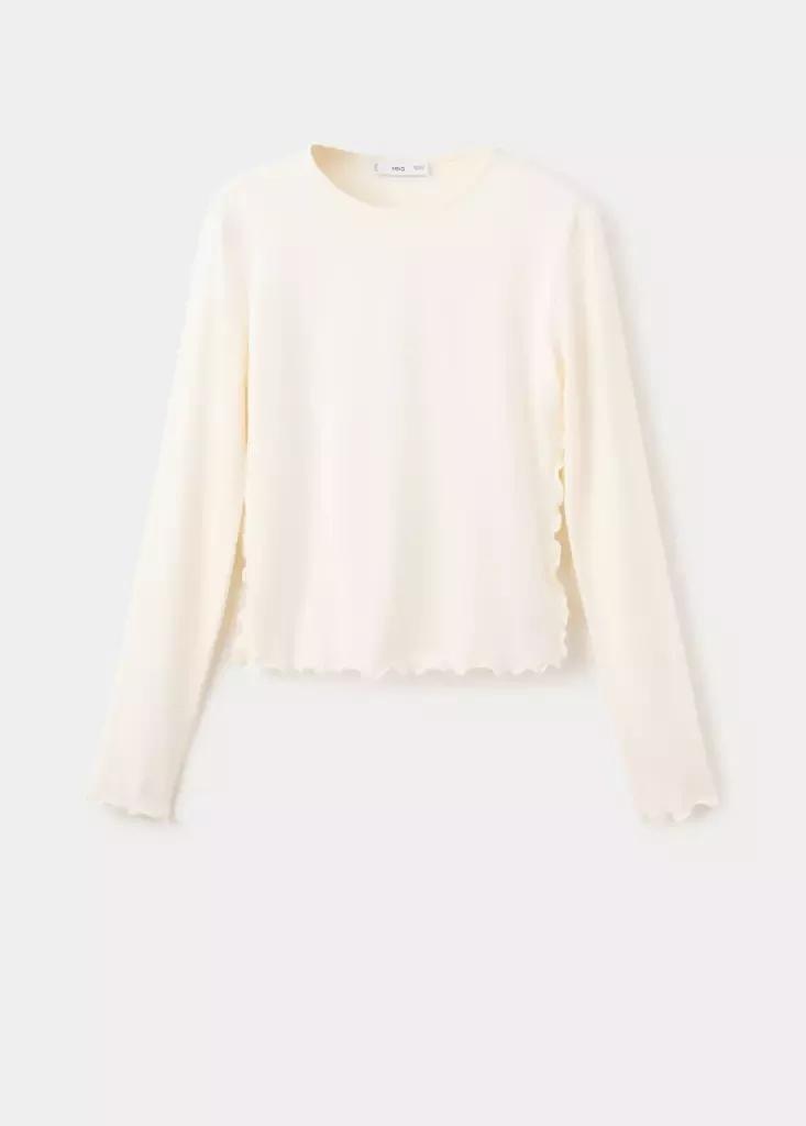 Cream Ribbed T-Shirt With Scalloped Trim, Natural White, large image number 4