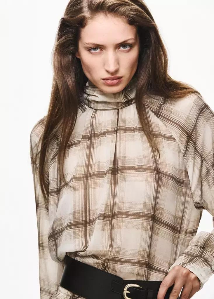 Brown Checked Print Blouse, Brown, large image number 1