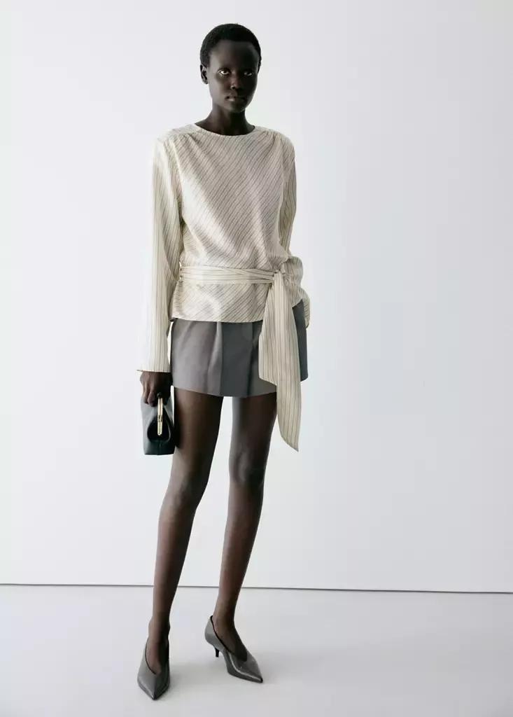 Beige Blouse With Tie At The Waist, Light Beige, medium