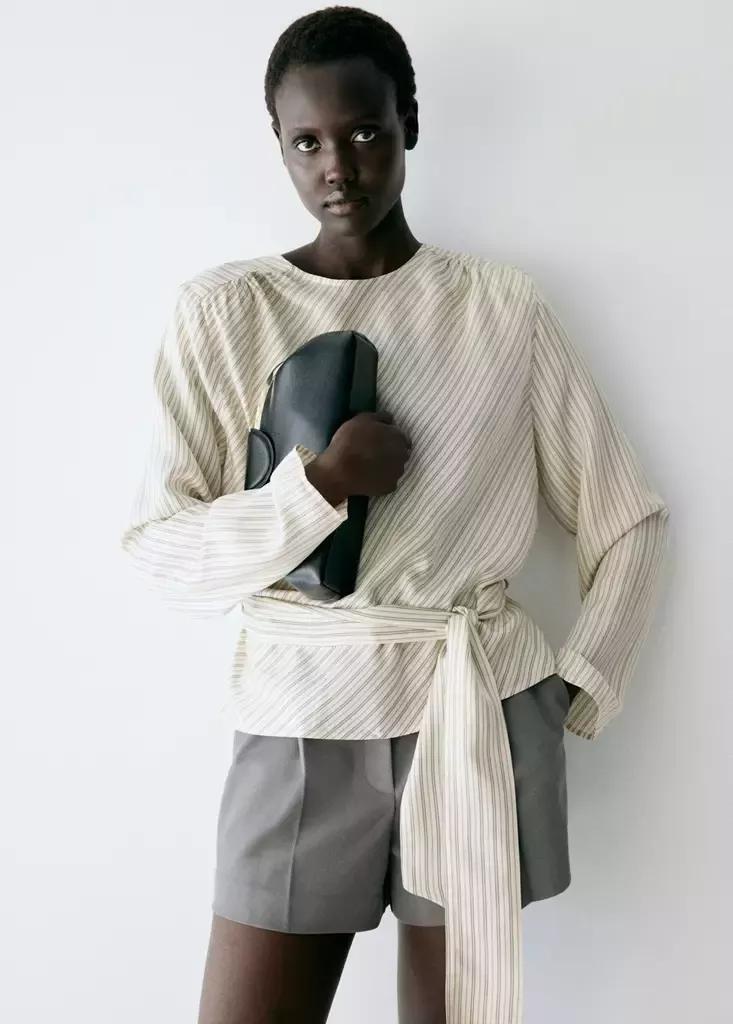 Beige Blouse With Tie At The Waist, Light Beige, medium