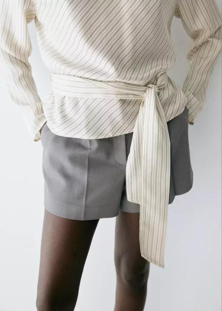 Beige Blouse With Tie At The Waist, Light Beige, large image number 3
