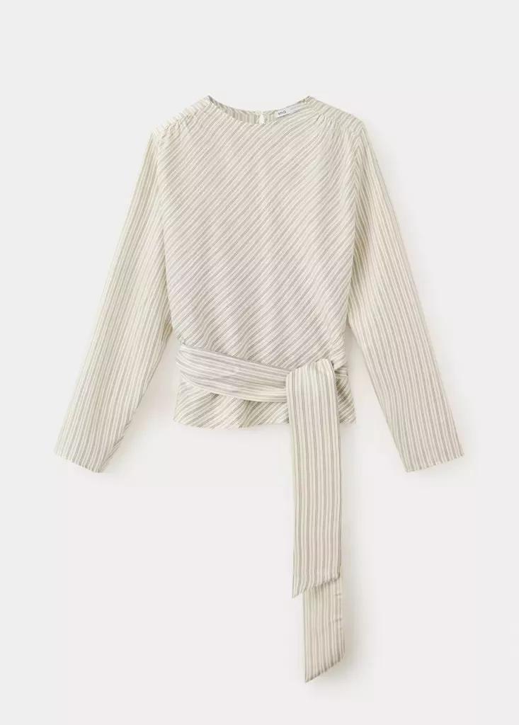Beige Blouse With Tie At The Waist, Light Beige, large image number 5
