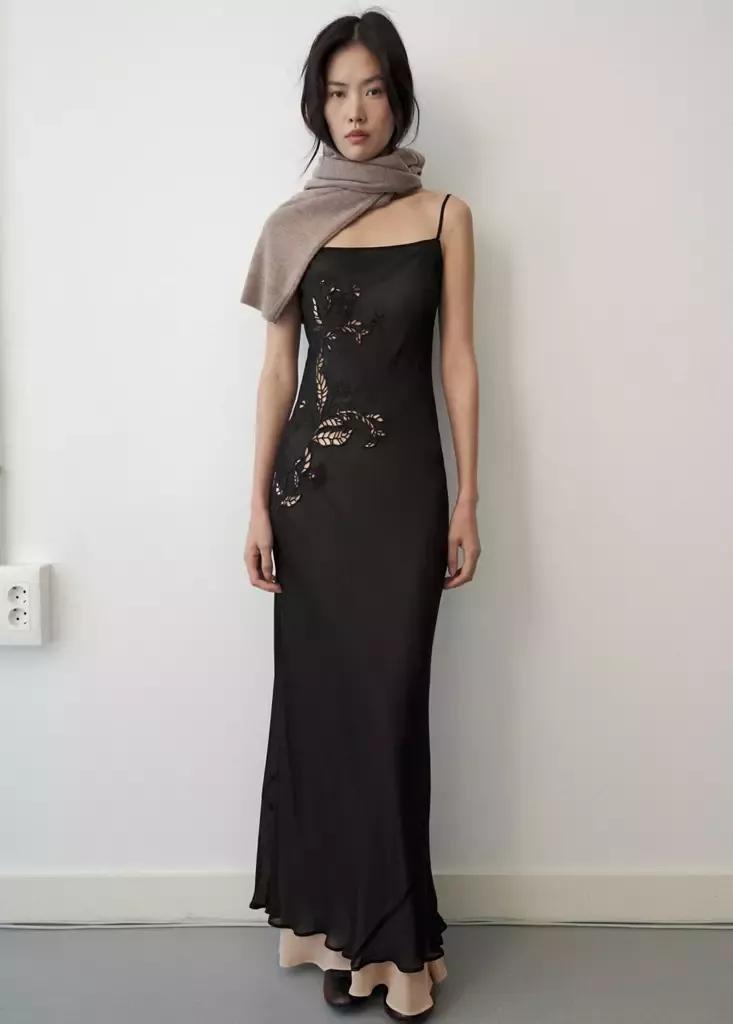 Black Embroidered Cutwork Combined Dress, Black, medium