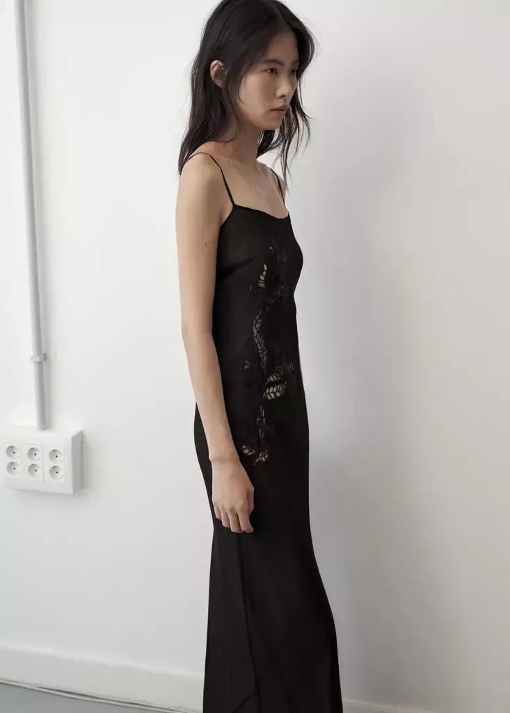 Black Embroidered Cutwork Combined Dress, Black, medium