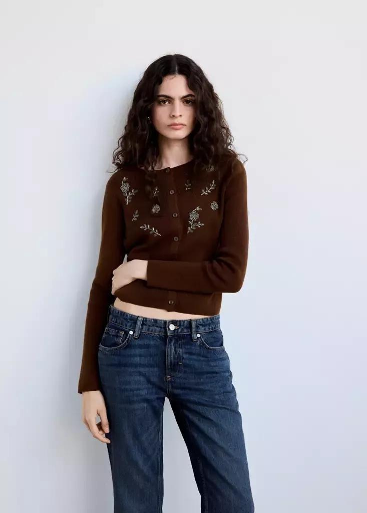 Brown Embroidered Beaded Knit Cardigan, Brown, large image number 1
