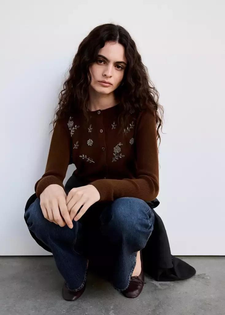 Brown Embroidered Beaded Knit Cardigan, Brown, large image number 3