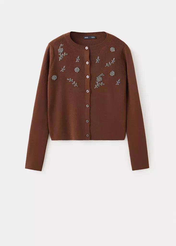 Brown Embroidered Beaded Knit Cardigan, Brown, large image number 4
