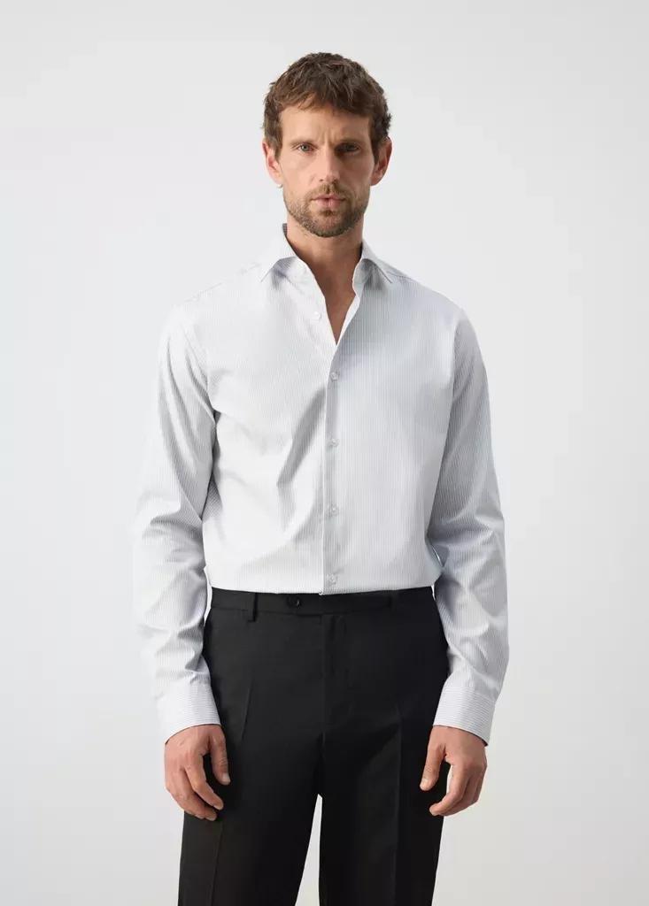 Grey Cotton Slim-Fit Striped Shirt, Grey, large image number 1