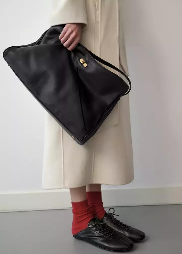 Black Leather Shopper Bag With Charm And Mirror, Black, large image number 0