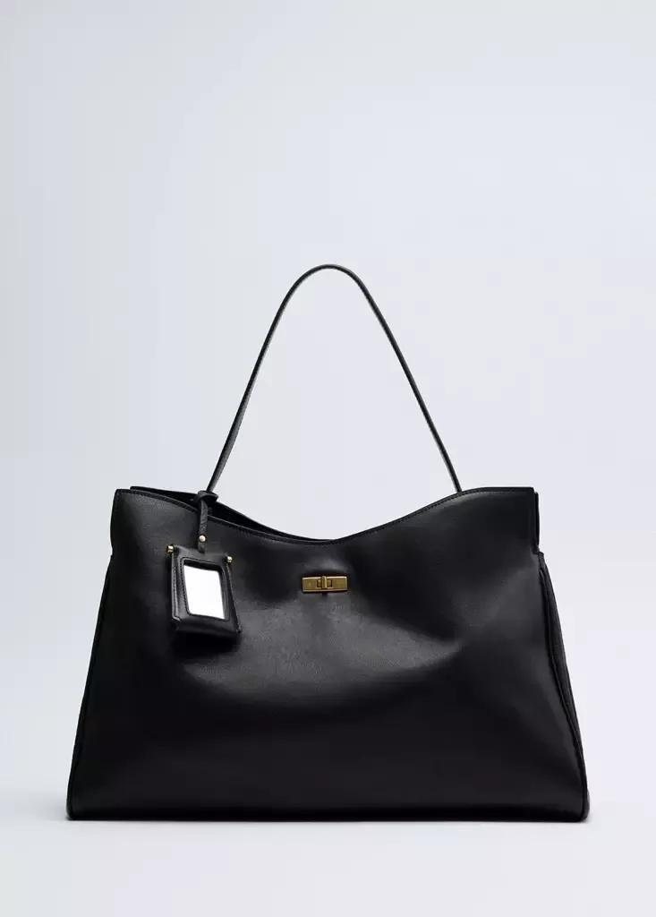 Black Leather Shopper Bag With Charm And Mirror, Black, medium